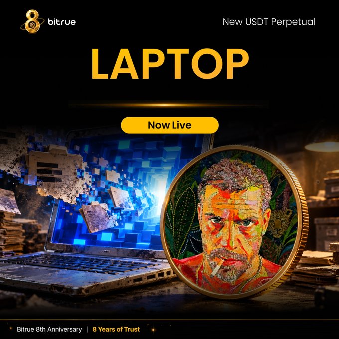 Bitrue announces the launch of a new $LAPTOPUSDT perpetual futures contract, featuring an artistic gold coin emblazoned with the Hunter Biden "laptop" meme alongside a glowing laptop, promoting 8 years of trust on their 8th anniversary.