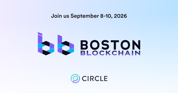 A promotional graphic announcing 'BOSTON BLOCKCHAIN' conference on September 8-10, 2026, sponsored by Circle, displayed on a light gradient background.