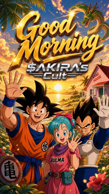 Anime-style artwork titled "Good Morning $AKIRA's Cult" featuring Dragon Ball characters Goku, Bulma, and Vegeta waving in a tropical setting at sunset, with a "KAME HOUSE" in the background.