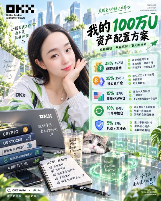 This image is a financial advisory infographic from OKX titled "我的100万U资产配置方案" (My 1 Million USDT Asset Allocation Plan), featuring a woman at a laptop with an asset breakdown: 45% (45万U) stablecoin yields, 25% (25万U) BTC 20万 + ETH 5万 core holdings, 15% (15万U) US stocks/RWA, 10% (10万U) market-neutral strategies, and 5% (5万U) hedging/insurance. It complements the post by illustrating a diversified plan for deploying 1 million USDT to generate returns while preserving principal across crypto, US stocks/RWA, and risk-managed strategies.