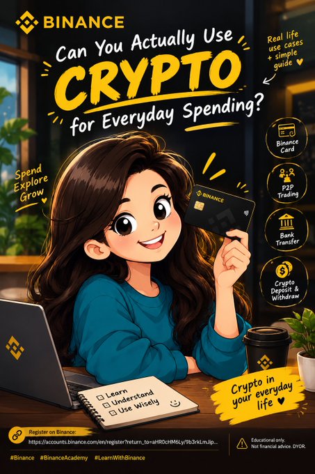 A Binance promotional graphic titled 'Can You Actually Use CRYPTO for Everyday Spending?' featuring a cartoon woman holding a Binance card, with checklist items including 'Binance Card', 'P2P Trading', 'Bank Transfer', and 'Crypto Deposit & Withdraw'.