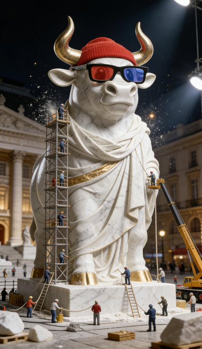 A digitally rendered scene showing a large marble bull statue wearing a red beanie and 3D glasses, with miniature workers on scaffolding and a crane around its base.