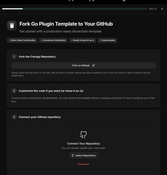 A dark-themed software interface titled 'Fork Go Plugin Template to Your GitHub' displaying steps like 'Fork the Canopy Repository' and 'Connect your GitHub repository'.