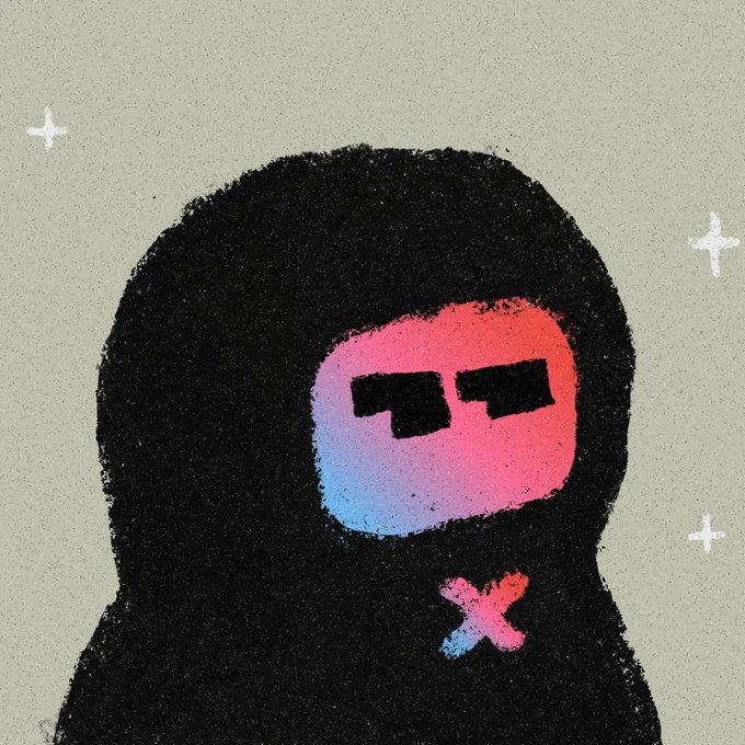 An illustration depicts a mysterious figure wearing a black hooded cloak, their face obscured by a glowing pink and blue screen with a black glitchy pattern, set against a muted background with white stars.