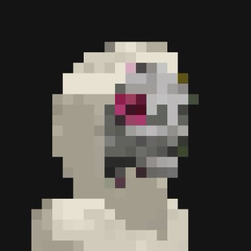 A highly pixelated gray and white figure with hints of pink stands against a black background.