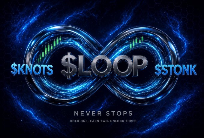 A promotional graphic featuring an infinity symbol with the text '$KNOTS $LOOP $STONK' and the tagline 'NEVER STOPS. HOLD ONE. EARN TWO. UNLOCK THREE.'