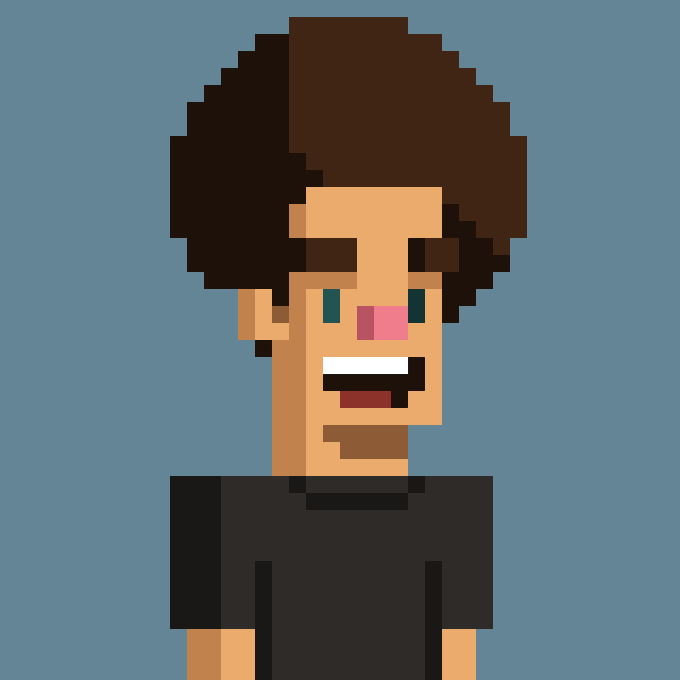 A pixel art portrait of a person with brown curly hair, green eyes, and a black shirt against a blue background.