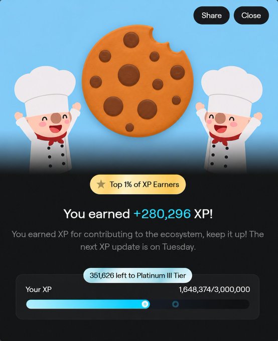 The image shows a website screen that displays a cookie with a picture of two cute cartoon animals wearing chef's hats, along with text about winning an XP award. The post also mentions a cookie from the Rugpull Bakery app as part of a contest where participants are given points for answering questions correctly to win an XP award.