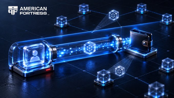 A digital 3D illustration with the 'American Fortress' logo, depicting a glowing blue secure data tunnel between a user avatar icon and a wallet icon surrounded by cube nodes on a dark grid surface.