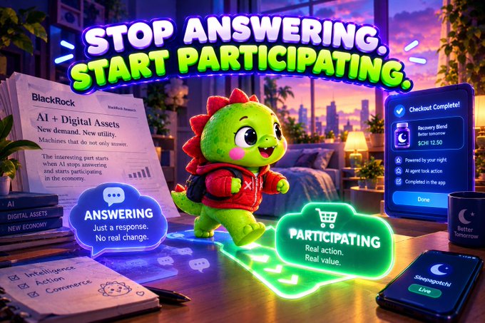 A promotional graphic titled 'STOP ANSWERING. START PARTICIPATING.' featuring a green cartoon dinosaur mascot holding a backpack, set against a vibrant cityscape with floating UI panels labeled 'ANSWERING' and 'PARTICIPATING'.