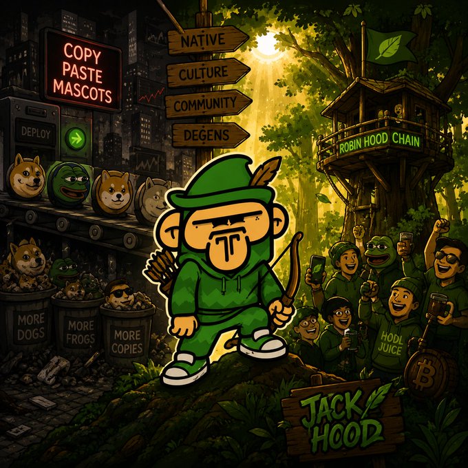 A cartoon illustration featuring a green-clad 'Jack Hood' mascot holding a bow, standing between signs reading 'Native, Culture, Community, Degens' with a Robin Hood Chain treehouse and dog/frog copy mascots.