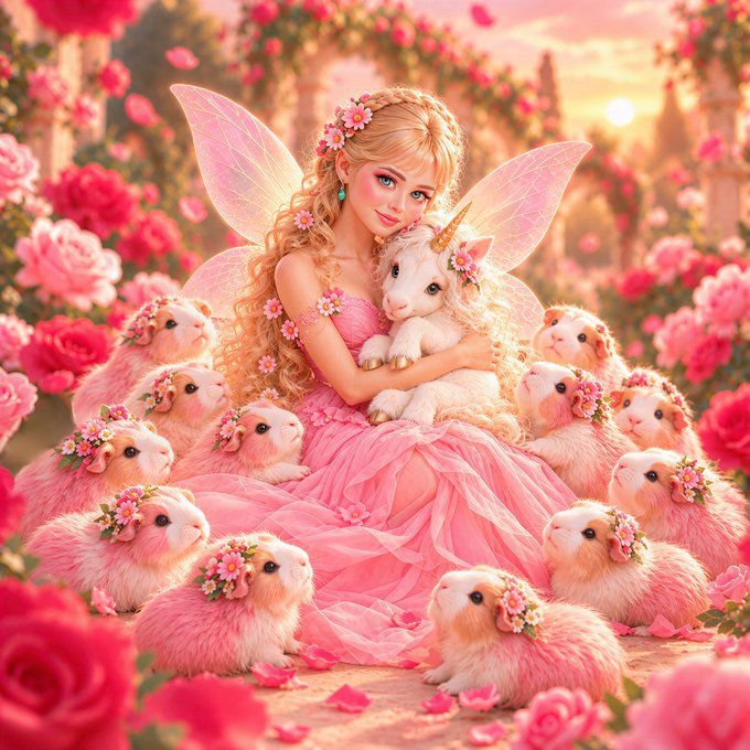 A whimsical fantasy illustration of a blonde fairy with pink wings, wearing a pink gown and holding a white unicorn with a flower crown, surrounded by a large group of pink fluffy creatures adorned with flower crowns in a rose garden.