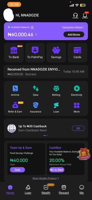 The image shows a mobile banking app dashboard displaying a user "NNADOZIE" with an available balance of ₦60,000.46, along with transaction history and various financial service options like Airtime, Data, Betting, and Electricity. The screenshot appears to be shared as proof of account balance in connection with a giveaway promotion, presumably to demonstrate funds or eligibility.