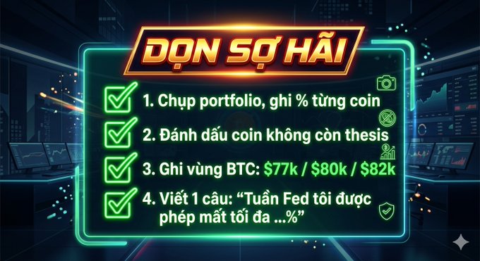 A neon-styled graphic titled 'ĐƠN SỢ HẢI' containing a Vietnamese checklist: 1. Screenshot portfolio & note coin percentages, 2. Mark coins without thesis, 3. Note BTC zones ($77k/$80k/$82k), and 4. Write one sentence about the upcoming Fed week.
