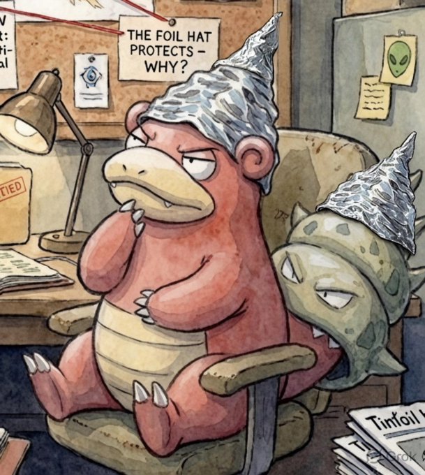 A watercolor-style illustration shows a pink ape-like creature sitting in an office chair, pondering a note on the corkboard that reads "THE FOIL HAT PROTECTS — WHY?" while a smaller green reptilian companion in the same aluminum foil hat glares from behind, with a "Tinfoil" labeled stack of papers nearby — visually parodying tinfoil-hat conspiracy theorists, which humorously ties to the speculative hype around the $KABUTO token.