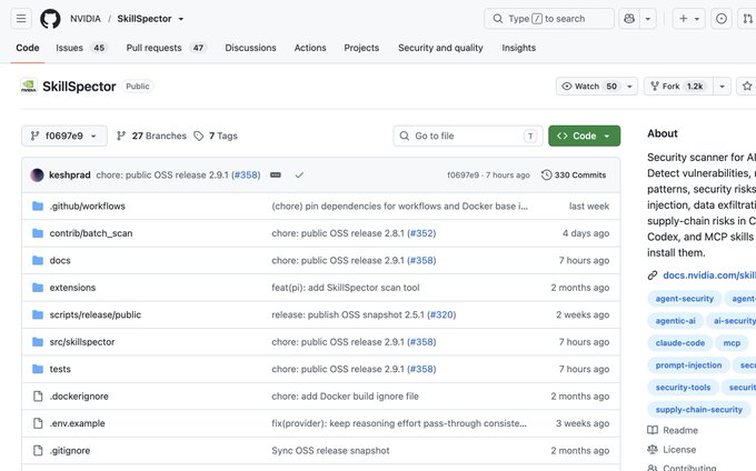 A screenshot of the NVIDIA SkillSpector GitHub repository showing 27 branches, 7 tags, and various directories like .github/workflows, contrib/batch_scan, and src/skillspector.
