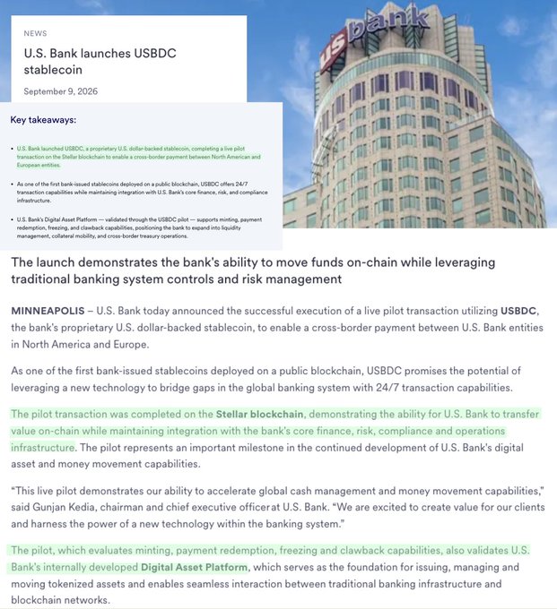 A news article headlined 'U.S. Bank launches USBDC stablecoin' dated September 9, 2026, featuring an image of a U.S. Bank building and details about a cross-border payment pilot on the Stellar blockchain.