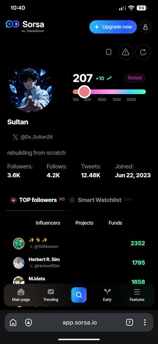 A mobile screenshot of the Sorsa app showing a Twitter profile for 'Sultan' (@Ox_Sultan26) with 3.6K followers and a score of 207.