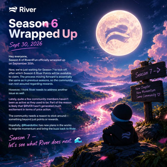 A blog post graphic titled 'River Season 6 Wrapped Up' with the date 'Sept 30, 2026', featuring AI-generated artwork of a character looking at a moon over a glowing purple landscape.