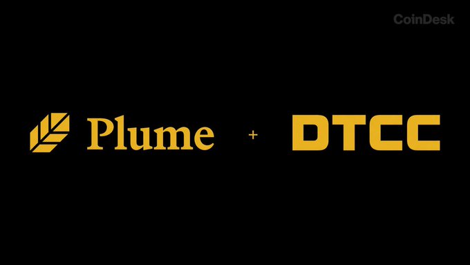 A black graphic displays the Plume logo and "DTCC" in gold lettering separated by a plus sign, with the CoinDesk logo in the top right corner, visually announcing Plume Network's partnership with DTCC's Digital Assets Working Group.