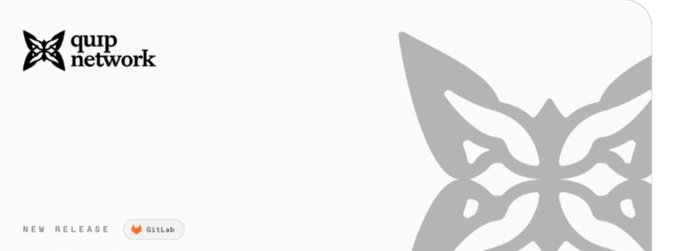A clean white banner displays the 'qrp network' logo in the upper left corner with 'NEW RELEASE' and a 'GitLab' button, and a large gray butterfly/ornamental design on the right side.