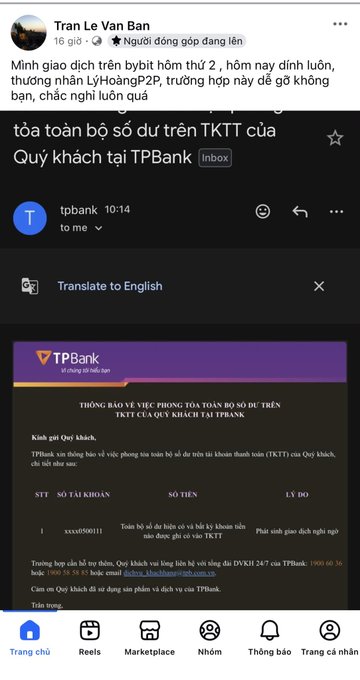 A Vietnamese Facebook post by Tran Le Van Ban discussing a Bybit trading issue, alongside a TPBank email notification about account balance information.