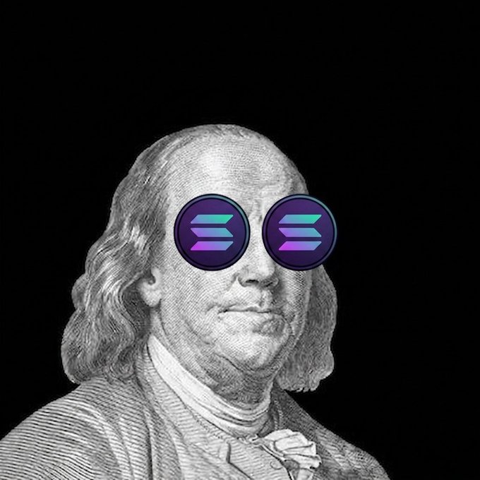 A portrait of Benjamin Franklin from a US dollar bill has been edited to feature purple and teal Solana (SOL) cryptocurrency logos as sunglasses.