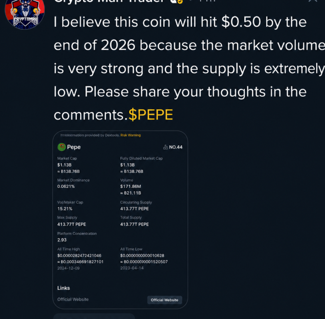 A social media post by 'Crypto Man Vader' claims that $PEPE will hit $0.50 by the end of 2026, accompanied by a risk warning and coin statistics showing a market cap of $1.13B.