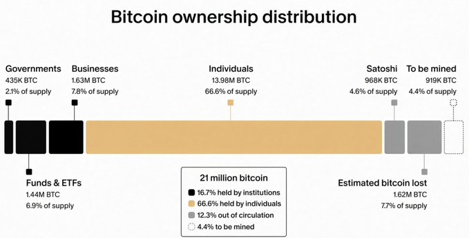 A horizontal bar chart titled 'Bitcoin ownership distribution' showing 21 million bitcoin allocation: Governments 2.1% (435K BTC), Businesses 7.8% (1.63M BTC), Individuals 66.6% (13.98M BTC), Satoshi 4.6% (968K BTC), To be mined 4.4% (919K BTC), Funds & ETFs 6.9% (1.44M BTC), and Estimated bitcoin lost 77% of supply (1.62M BTC).