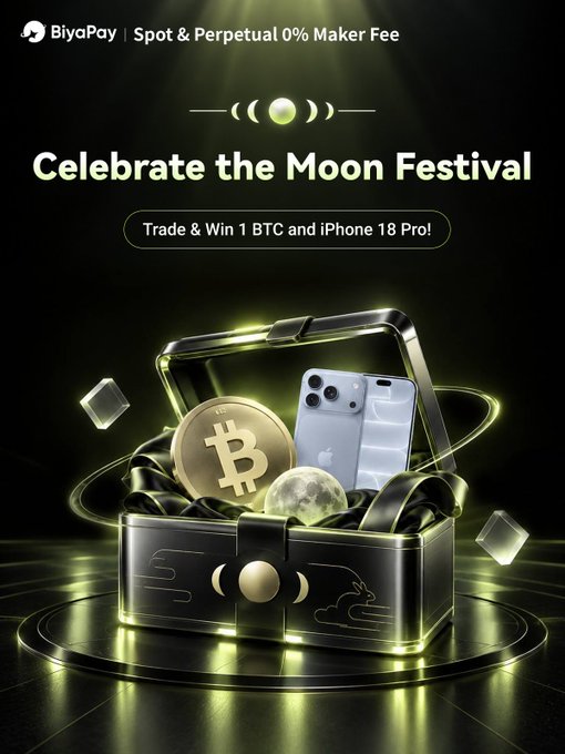A promotional advertisement for BiyaPay with the header 'Spot & Perpetual 0% Maker Fee' and title 'Celebrate the Moon Festival' offering chances to 'Trade & Win 1 BTC and iPhone 18 Pro!', featuring an image of a treasure chest containing a Bitcoin coin and a smartphone.