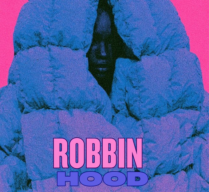 An album cover titled 'ROBBIN HOOD' in pink and purple text, featuring a dark-skinned face partially hidden behind large, blue-toned rocks against a pink background.
