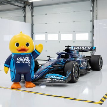 The image features a large duck mascot standing next to a blue and black racing car, which has "Quack Attack" written on its side. The duck mascot appears to be waving at the camera while standing near the car. In the background, there is a white garage door with a yellow stripe running along it. The post includes text that reads: "24 hours in. 1 Community clearly leading 3 Communities with catching up to do. @TonUtyacoin @bullthemarket @MonkoCoin @ballsdeepindoge $MONKO $UTYA $BULL $DOGEVAN".