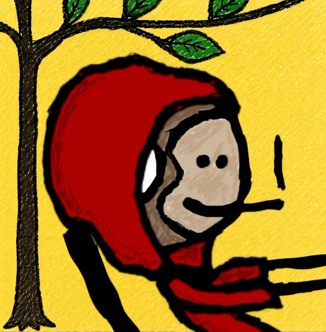 A digital illustration of a smiling figure in a red hooded cloak standing next to a tree with green leaves against a bright yellow background.