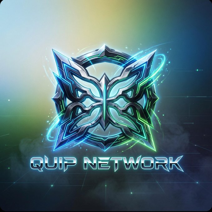 A stylized logo for 'QUIP NETWORK' featuring a metallic emblem with blue and green neon lighting against a dark background.