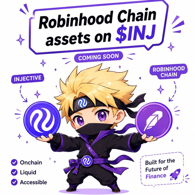 A promotional graphic for 'Robinhood Chain assets on $INJ' featuring a chibi ninja character holding coins for Injective and Robinhood Chain, with features listed as 'Onchain, Liquid, Accessible' and 'Built for the Future of Finance'.