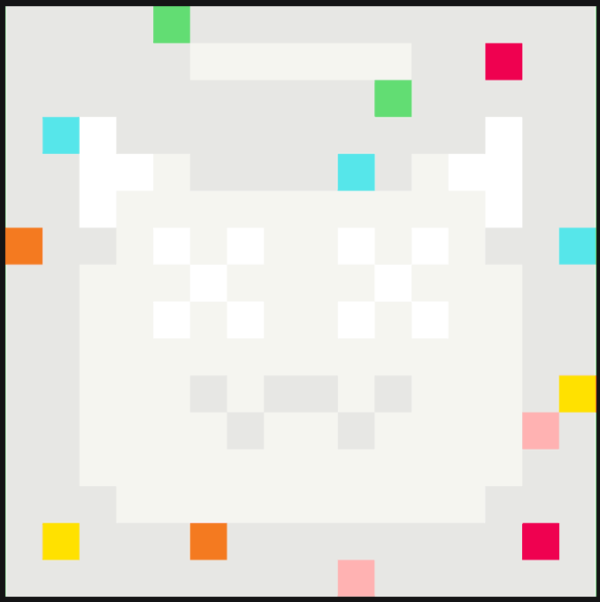 A pixelated ghost-like character resembling the Snapchat logo made of white squares, surrounded by scattered colored squares on a gray background.