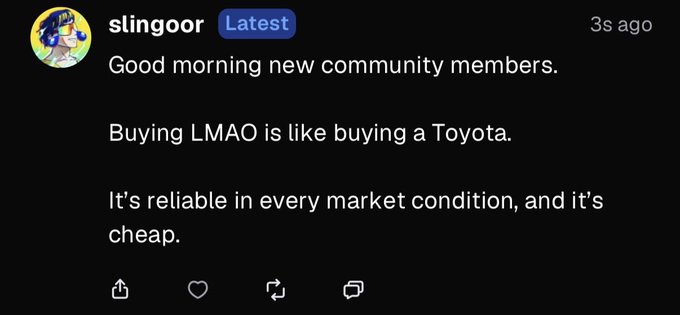 A screenshot of a Discord message from user "slingoor" posted 3 seconds ago, where they greet new community members and compare buying "LMAO" token to buying a Toyota, calling it "reliable in every market condition, and it's cheap." The post appears to be discussing their involvement in token projects, with the image highlighting their pitch for the LMAO token as a trustworthy investment.