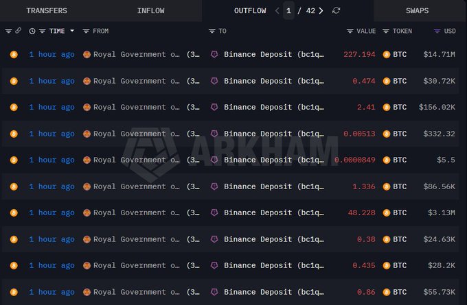 The image shows a table with the names of several governments printed out vertically from left to right. There are also numerous lines displaying prices for various cryptocurrencies including Bitcoin, Ripple, and Litecoin. The text "Royal Government of Bhutan deposited $34,000,000 in $BTC to Binance today" appears at the bottom center of the image, which is related to a post about the government investing in cryptocurrency exchanges like Binance or XRP. This implies that the governments are purchasing digital currency from these exchanges and then depositing it into foreign bank accounts as part of their investment strategy.