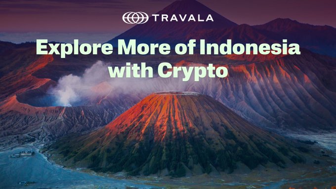 An advertisement for Travala featuring an aerial view of an Indonesian volcanic landscape with the text 'Explore More of Indonesia with Crypto'.