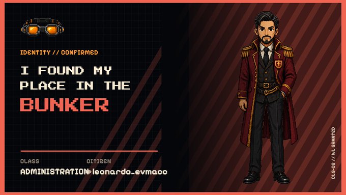 A pixel-art character card titled "I Found My Place in the Bunker" features a bearded man in a red military-style coat under an "Identity // Confirmed" header, labeled as part of the "O1tben / Administration" class with ID "OLP-02 / NIL GRAVED," promoting the BunkerHood NFT project available as a free mint on Robinhood using code "BUNKER."