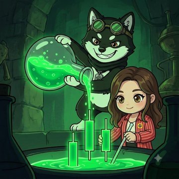 A cartoon Shiba Inu wearing goggles pours a glowing green potion into test tubes while a female scientist stirs a bubbling cauldron, symbolizing the "magical" formulation of the MAME token as a new Shiba Inu-inspired meme coin on BSC with growing market momentum.