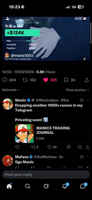 A screenshot of an X (Twitter) post by @manic100x showing a PNL of +$124K, along with replies mentioning 'Dropping another 1000x runner' and 'Ggs Manic'.
