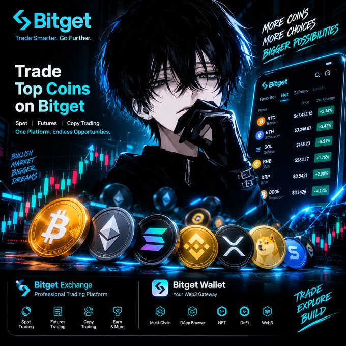 A Bitget cryptocurrency trading platform advertisement featuring an anime character with dark hair, displaying trading information for BTC, ETH, SOL, BNB, XRP, and DOGE with their prices and 24h changes.