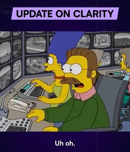 The image is a Simpsons meme featuring Marge and Ned Flanders in a control room filled with monitors, captioned "UPDATE ON CLARITY" at the top and "Uh oh." at the bottom. The post's "loading… loading… loading…" text plays on the idea that an update on clarity is taking forever to load, with the "Uh oh." suggesting the bad news is that there is no clarity — just an endless loading screen of unresolved information.