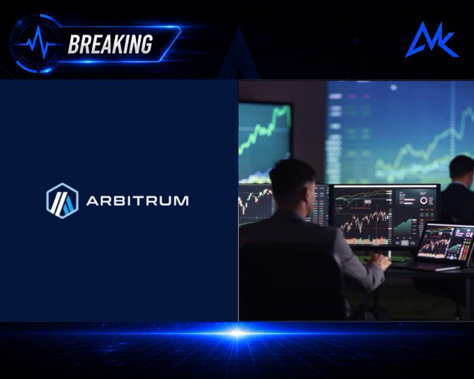 The image displays a "BREAKING" news graphic featuring the Arbitrum logo alongside a photo of traders analyzing cryptocurrency charts on multiple screens, visually complementing the announcement of Arbitrum's rise to become the second-biggest perpetual futures market with $1.48B in 24-hour trading volume.
