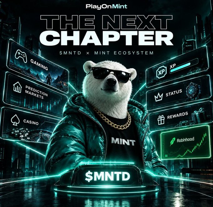 A promotional graphic titled 'PlayOnMint THE NEXT CHAPTER' featuring a bear mascot in sunglasses and a green jacket, showcasing categories like Gaming, Prediction Markets, Casino, XP, Status, Rewards, and a Robinhood chart with the ticker '$MNTD'.