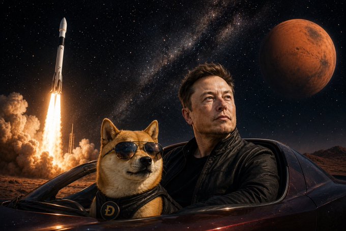The image features a man wearing sunglasses, driving a car with his dog sitting next to him. In the background, there are two rockets flying into space, one of which has a satellite attached to its back. The caption "To the stars through hardships" is written in white text at the bottom of the image.