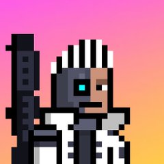 A pixel art character with white striped hair, a single visible cyan eye, and dark armor holding a large weapon against a pink and orange gradient background.