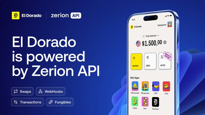 A promotional graphic announces "El Dorado is powered by Zerion API," featuring the El Dorado logo and a smartphone displaying a $1,500.00 balance with deposit, send, and invite options. Highlighted features below the headline include Swaps, WebHooks, Transactions, and Fungibles—visually reinforcing the post's message about using Zerion API webhooks for real-time payment notifications on Tempo without needing indexers.