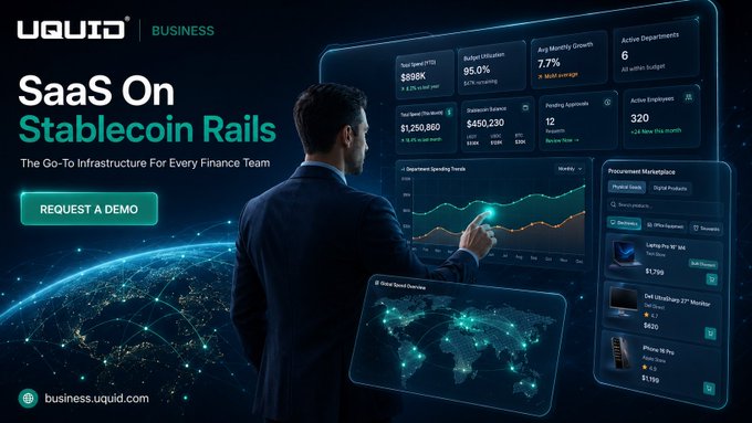 An advertisement for UQUID Business, featuring a man interacting with a futuristic dashboard displaying metrics like 'Total Spend FYTD $898K', 'SaaS On Stablecoin Rails', and a 'Request a Demo' button, with 'business.uquid.com' at the bottom.